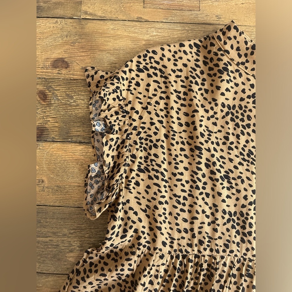 TAN & BLACK Leopard Print Tiered Babydoll Ruffle Cap Sleeves Boho Peplum Blouse - Picture 9 of 14